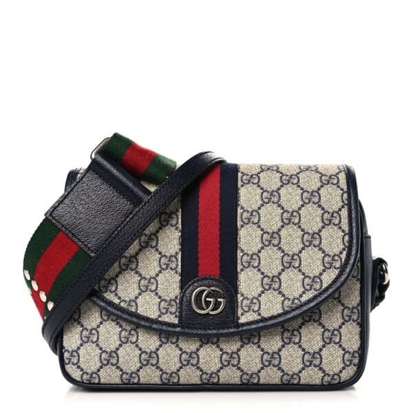 Gucci Supreme Monogram Textured Dollar Calfskin Web Studded Mini Ophidia Flap Shoulder Bag Beige Blue