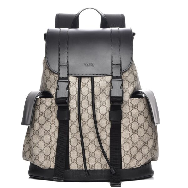 GUCCI Supreme Monogram Double Buckle Backpack Beige Black