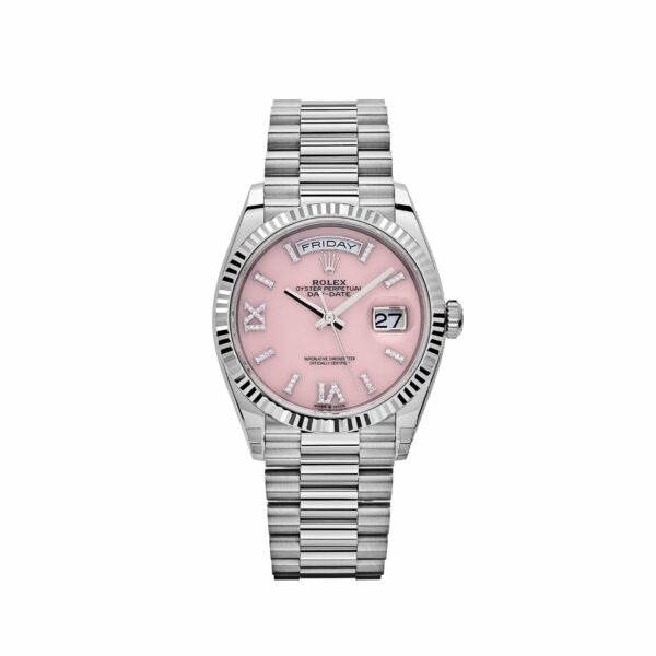 Rolex Day-Date 36 128239 White Gold Pink Opal Diamond Roman Numerals Dial