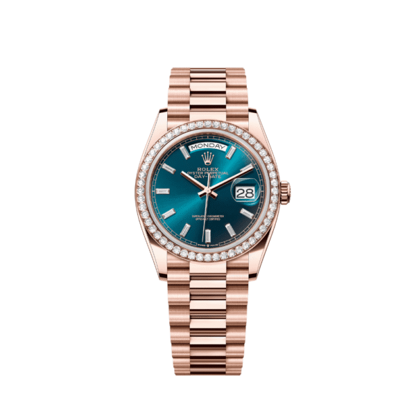 Rolex Day-Date 36 128345RBR Rose Gold Diamond Bezel Blue-Green Baguette Marker Dial