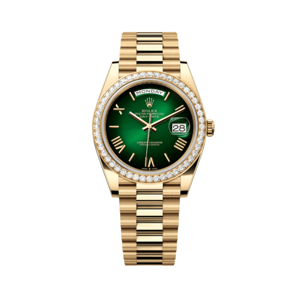 Rolex Day-Date 40 228348RBR Yellow Gold Green Ombre Roman Numeral Dial Diamond Bezel (2024)