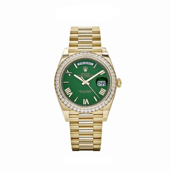 Rolex Day-Date 40 228348RBR Yellow Gold Green Roman Numeral Dial Diamond Bezel (2024)