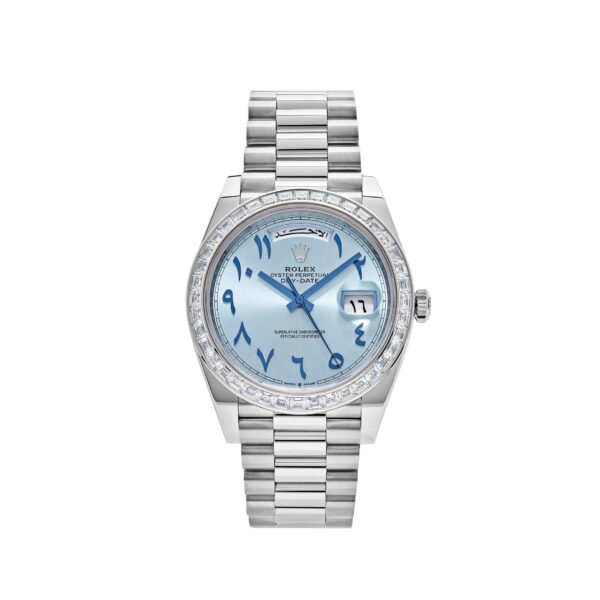 Rolex Day-Date 40 228396TBR Platinum Ice Blue Arabic Dial Diamond Bezel