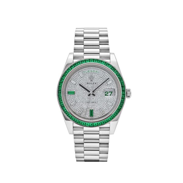 Rolex Day-Date 40 228396TEM Platinum Diamond Dial Emerald Bezel