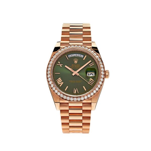 Rolex Day-Date 40 228345RBR Rose Gold Olive Green Dial Diamond Bezel